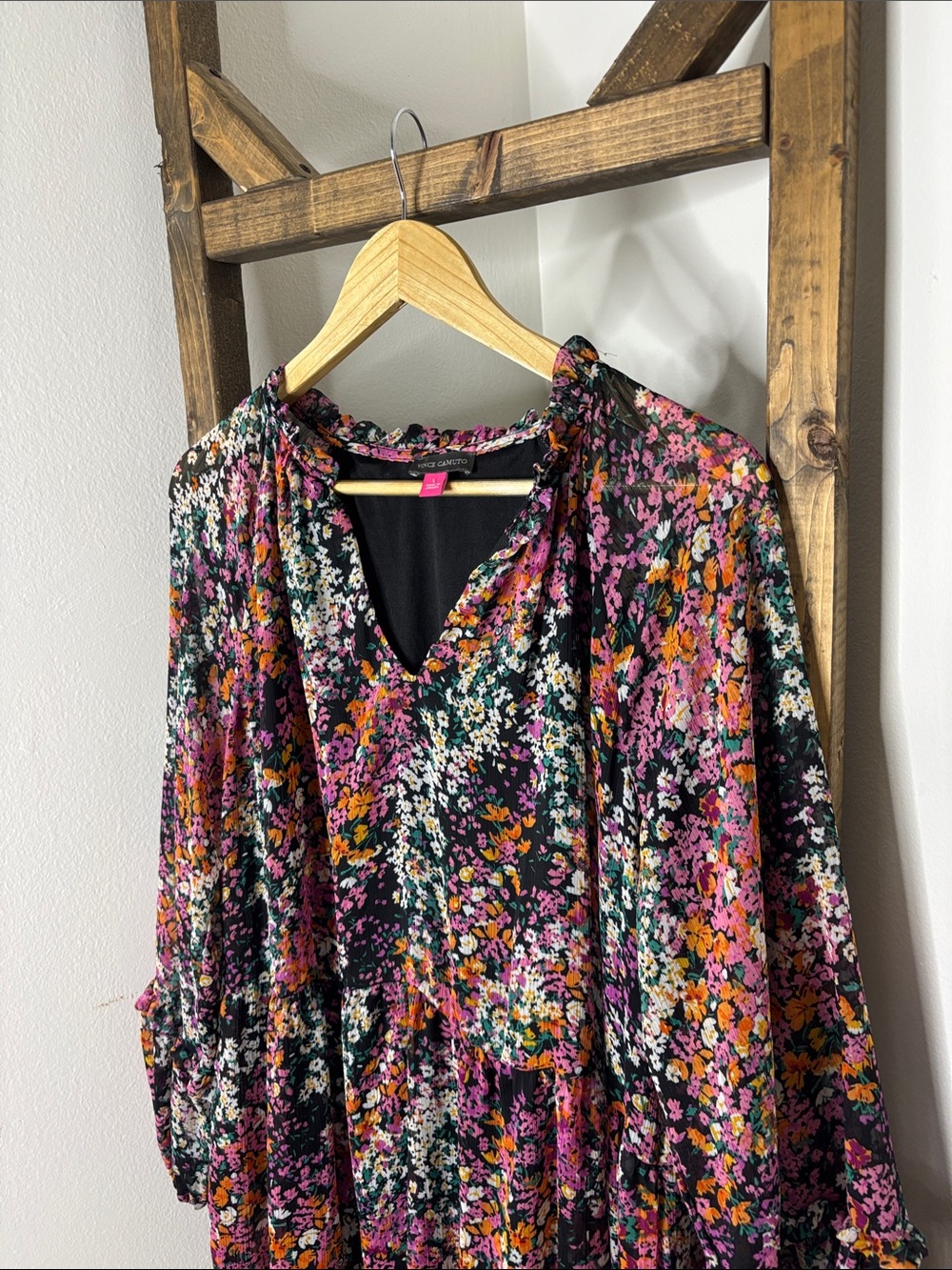 Vince Camuto Black Floral V-Neck Long Sleeve Dress Size L - Picture 2 of 5